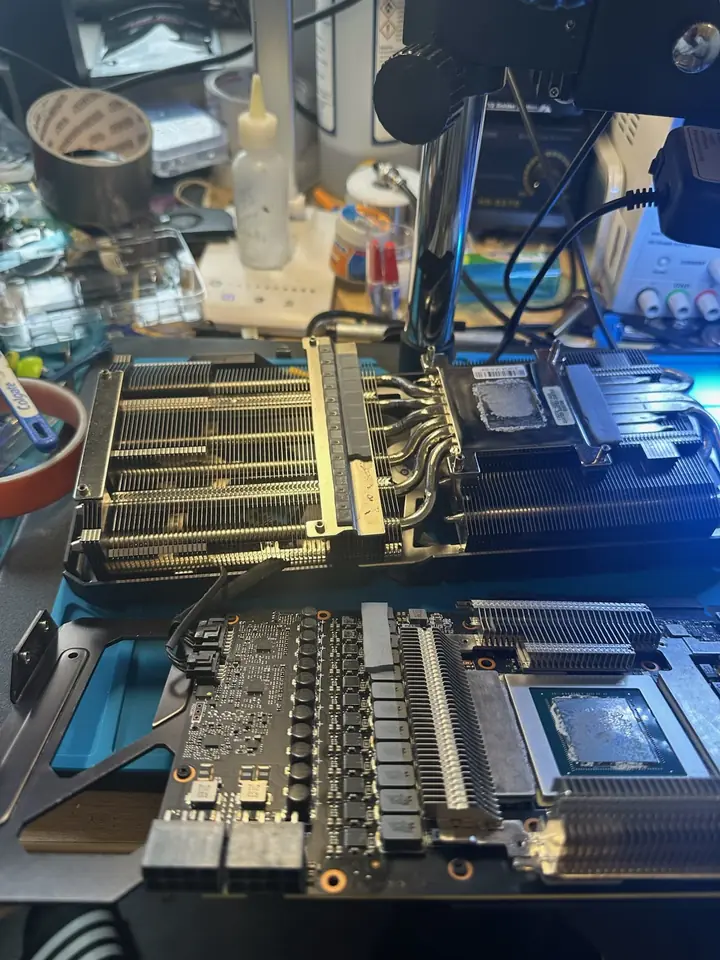 Graphics card heatsink and circuit board laid out for reassembly