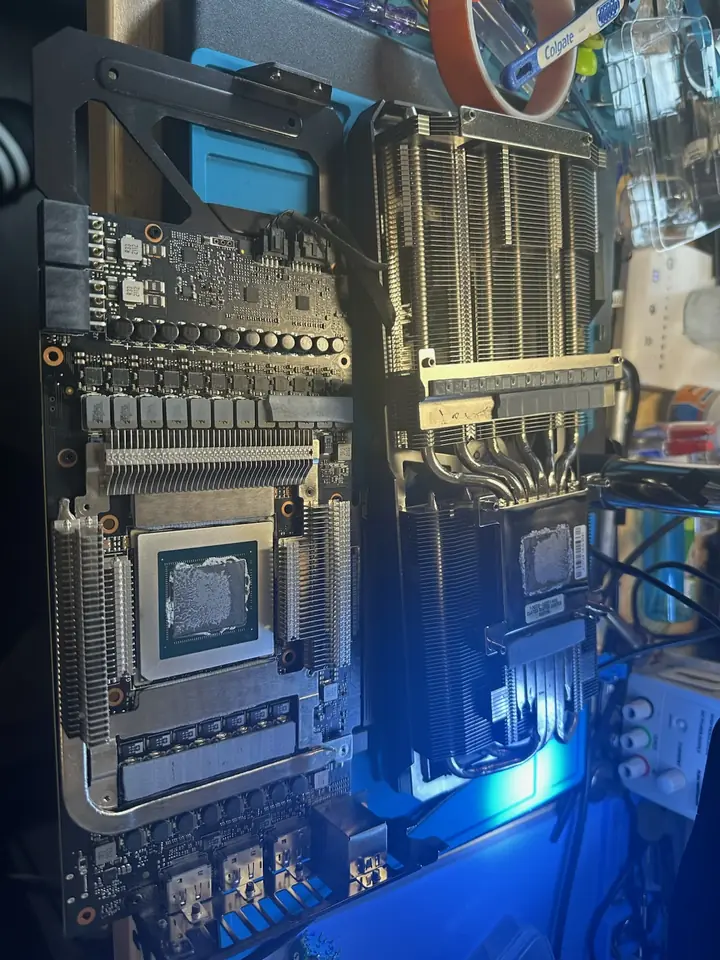 Graphics card board and heatsink prepared for diagnostics