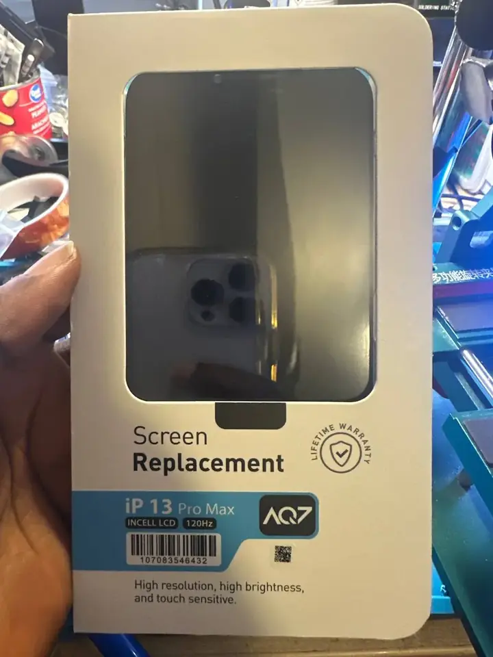 Boxed iPhone 13 Pro Max replacement screen ready for installation