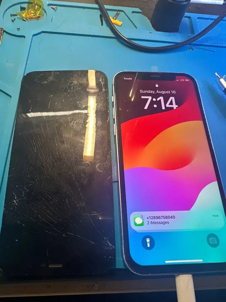 Shattered iPhone screen beside the same iPhone powered on with its new screen