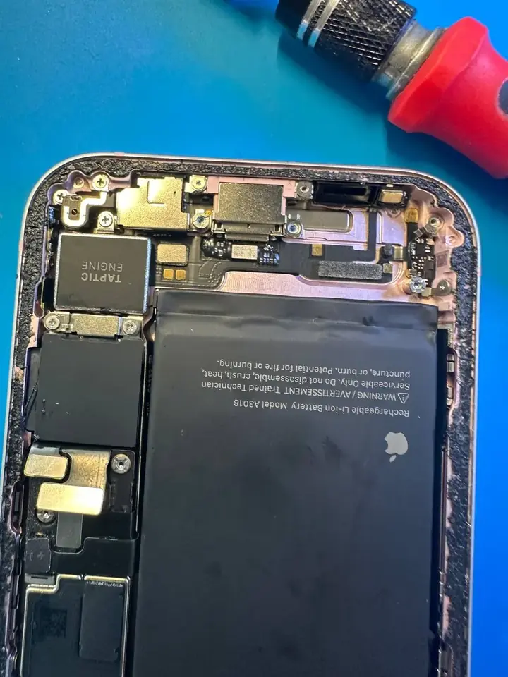 Inside an iPhone showing the USB-C charging port area and Taptic Engine before removal