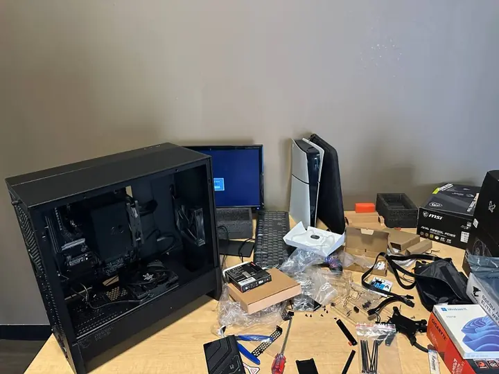 FlexRepairs technician workbench with builds, testing tools, and components