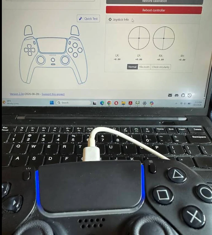 PlayStation DualSense controller connected to PC software for stick drift zero-calibration
