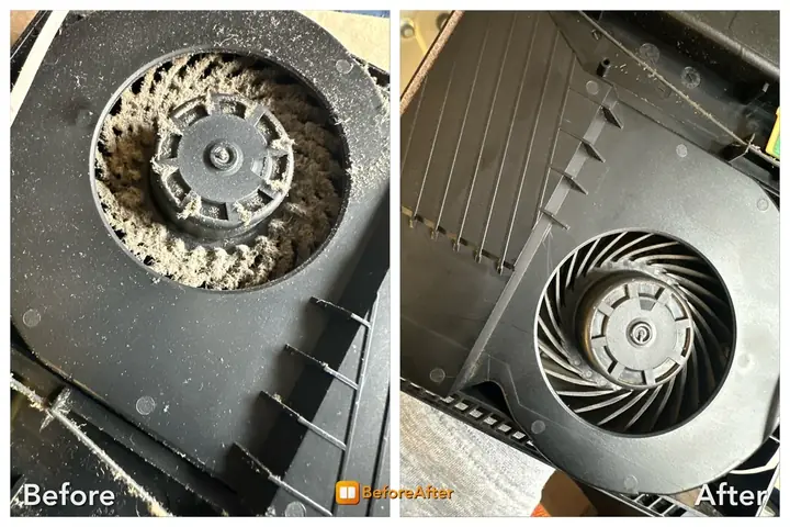 Dusty PS5 fan before deep cleaning and clean fan after service