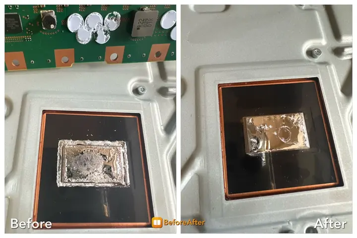 PS5 liquid metal contact area before and after thermal service