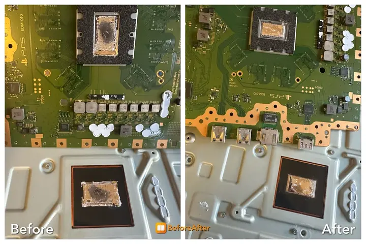 PS5 motherboard liquid metal area before and after thermal service