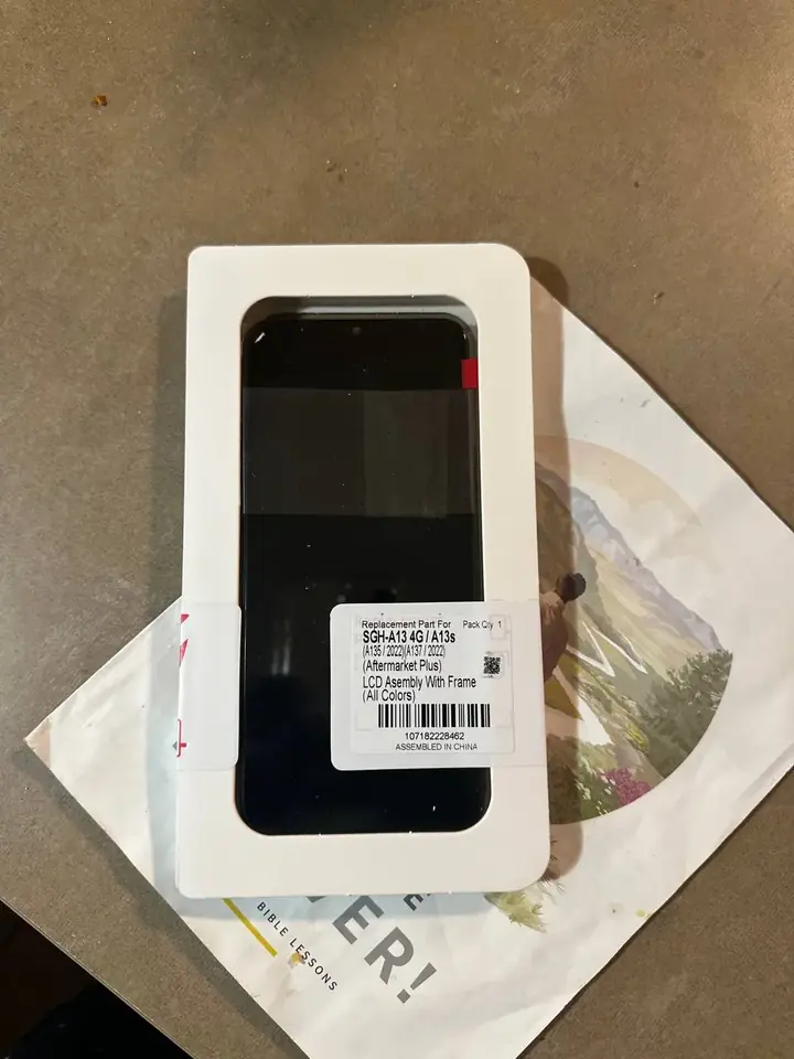 Samsung Galaxy A13 replacement LCD assembly with frame in its packaging