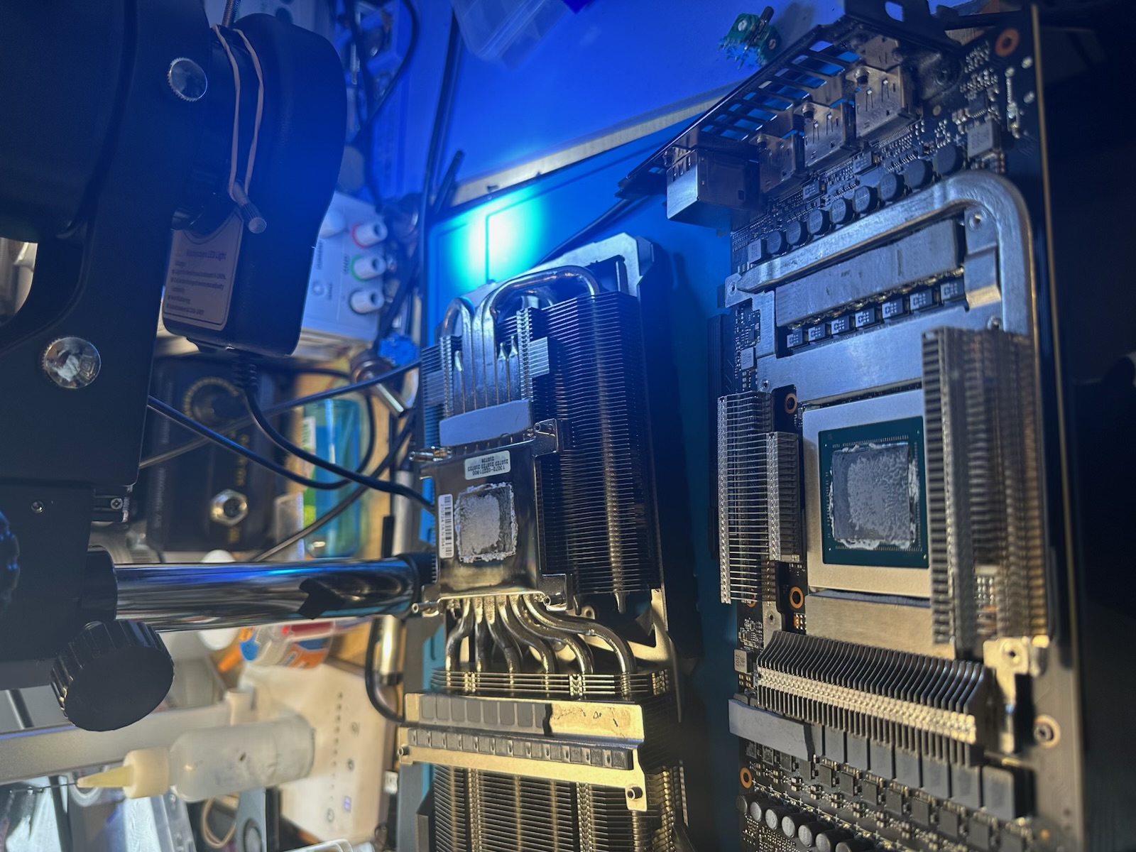 GPU core and heatsink inspected on the repair bench