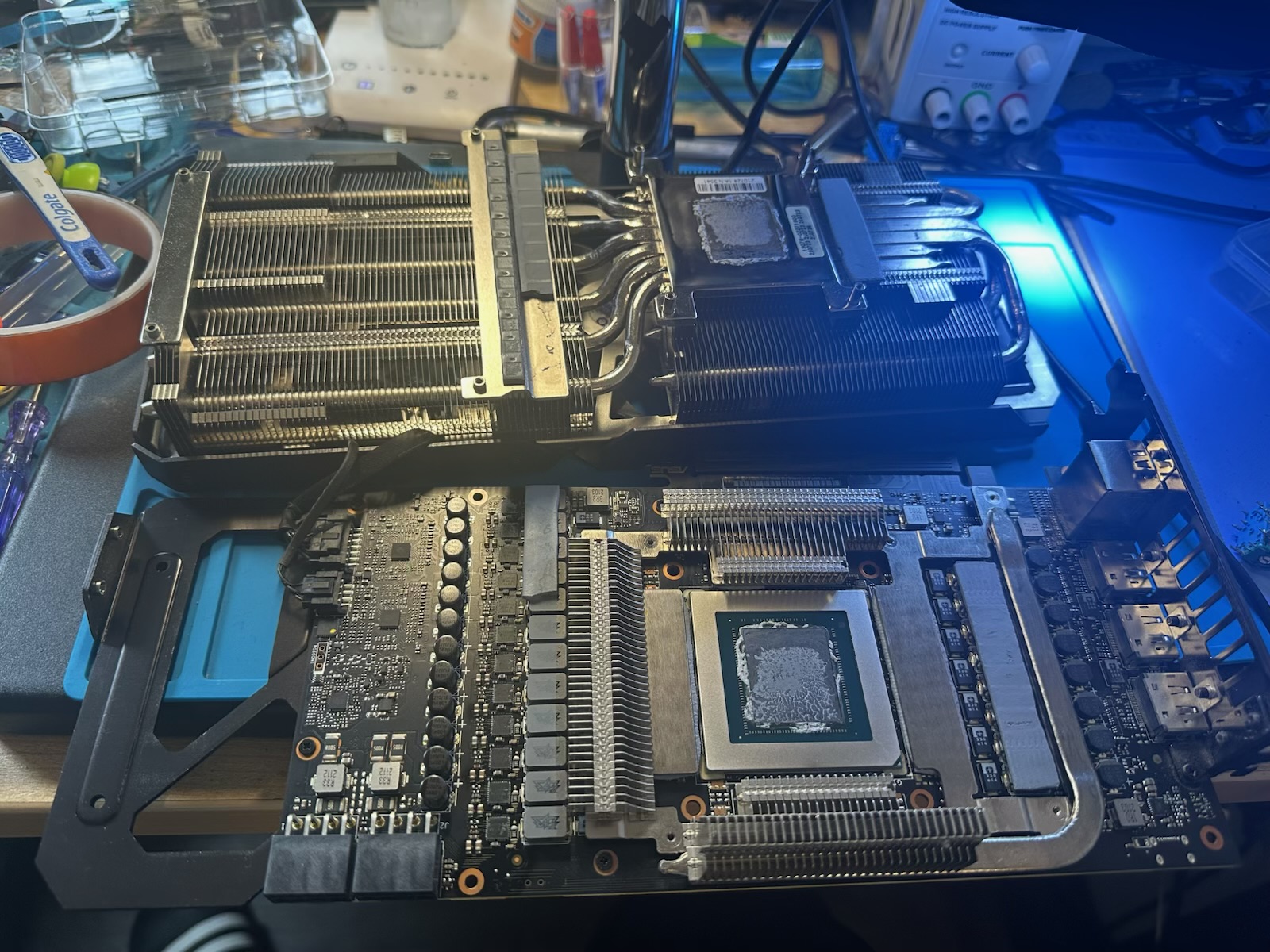 Graphics card board and heatsink prepared for diagnostics