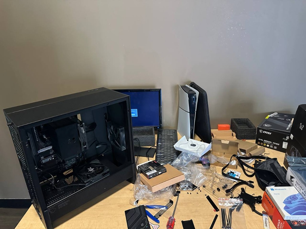 FlexRepairs technician workbench with builds, testing tools, and components