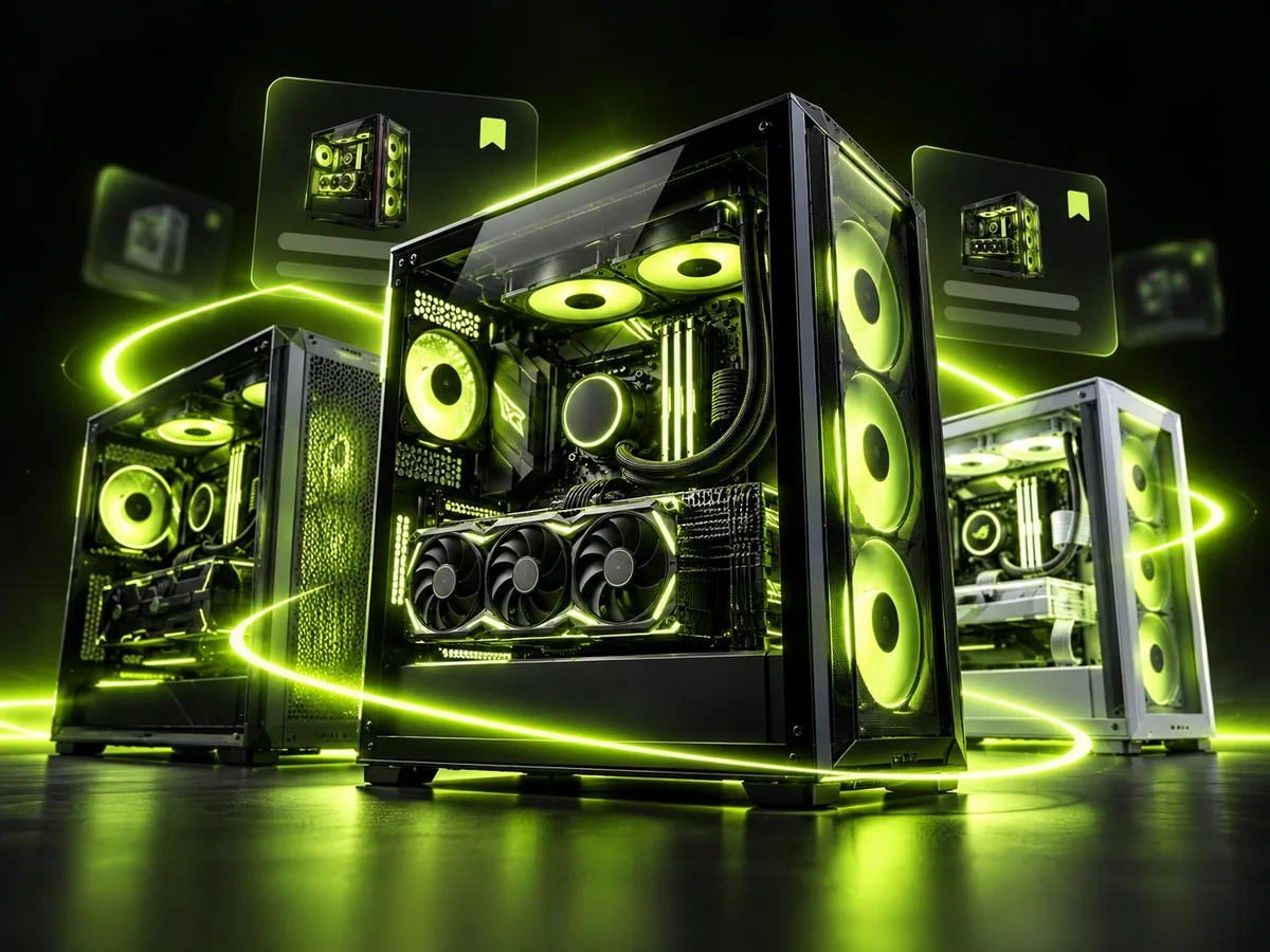 Three custom gaming PCs with liquid cooling and green RGB fans, with saved build cards floating above them